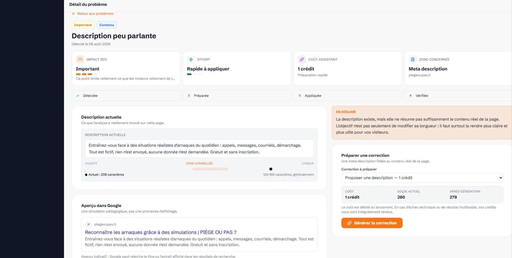 Écran de correction de l’Assistant SEO : description actuelle de la page, aperçu du résultat Google et proposition prête à générer, avec son coût en crédits.