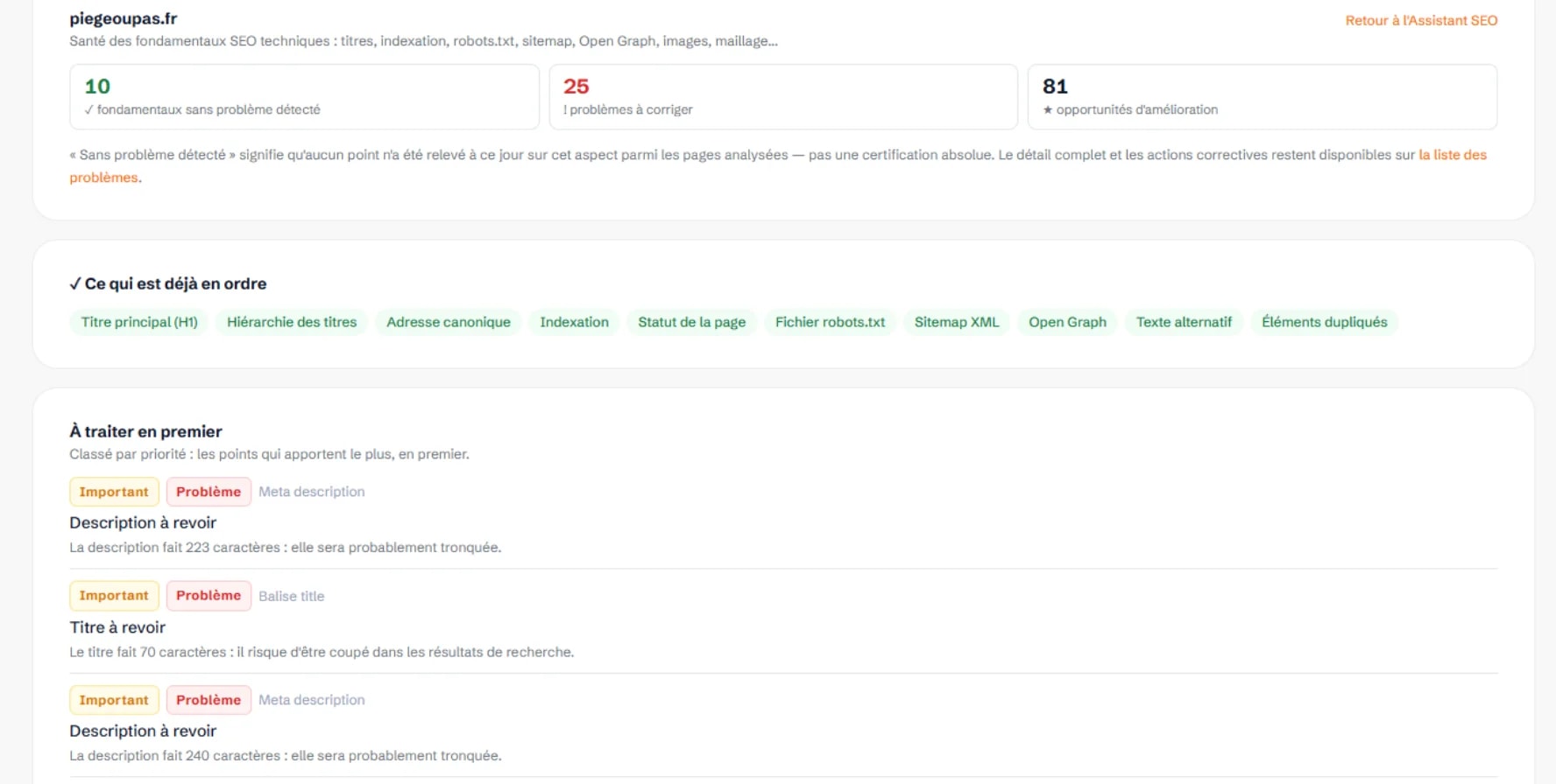Diagnostic technique Web-Shine : fondamentaux sans problème détecté, problèmes à corriger classés par priorité et opportunités d’amélioration.