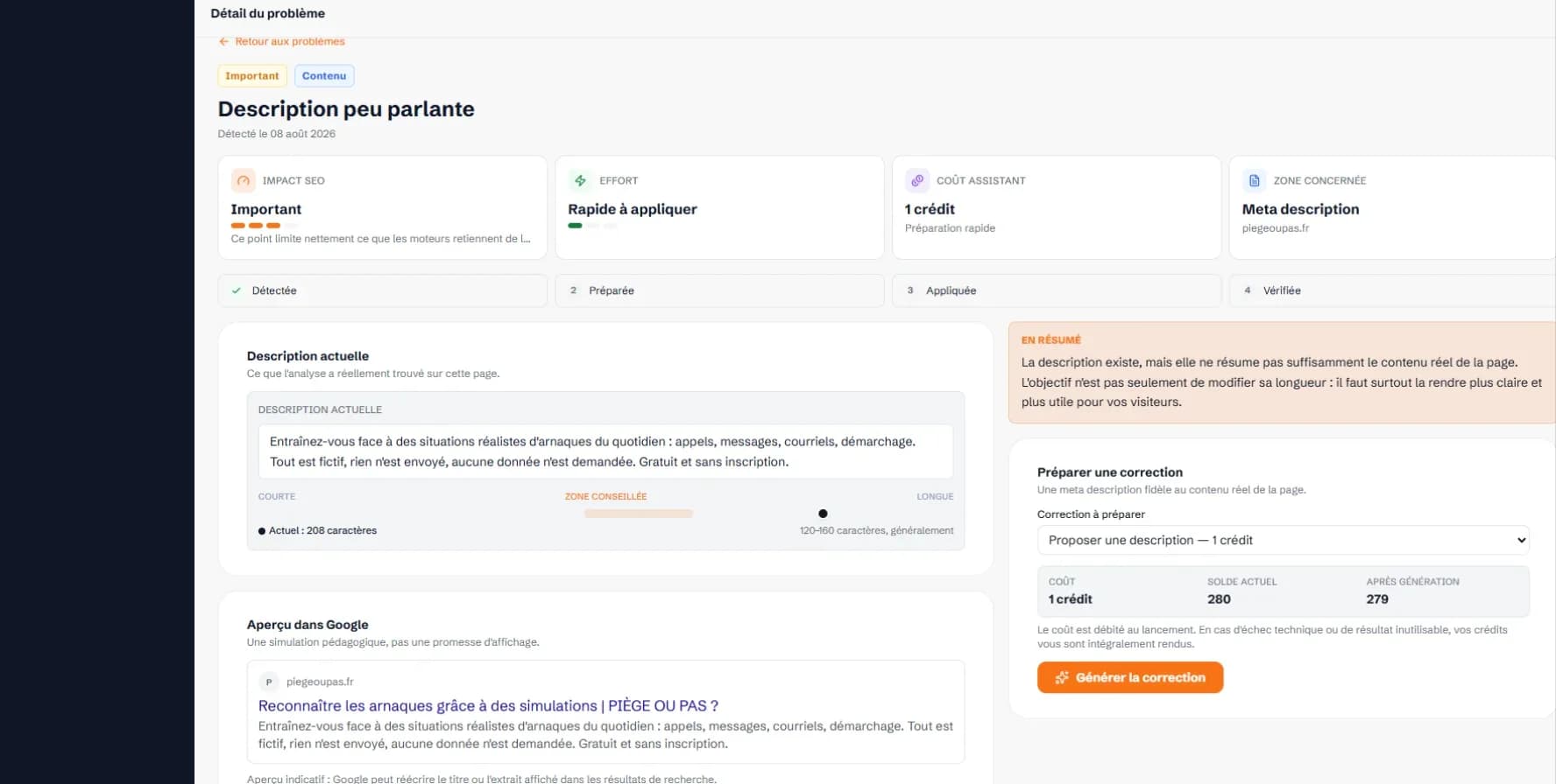 Écran de correction de l’Assistant SEO : description actuelle, aperçu Google et proposition prête à générer, avec son coût en crédits.