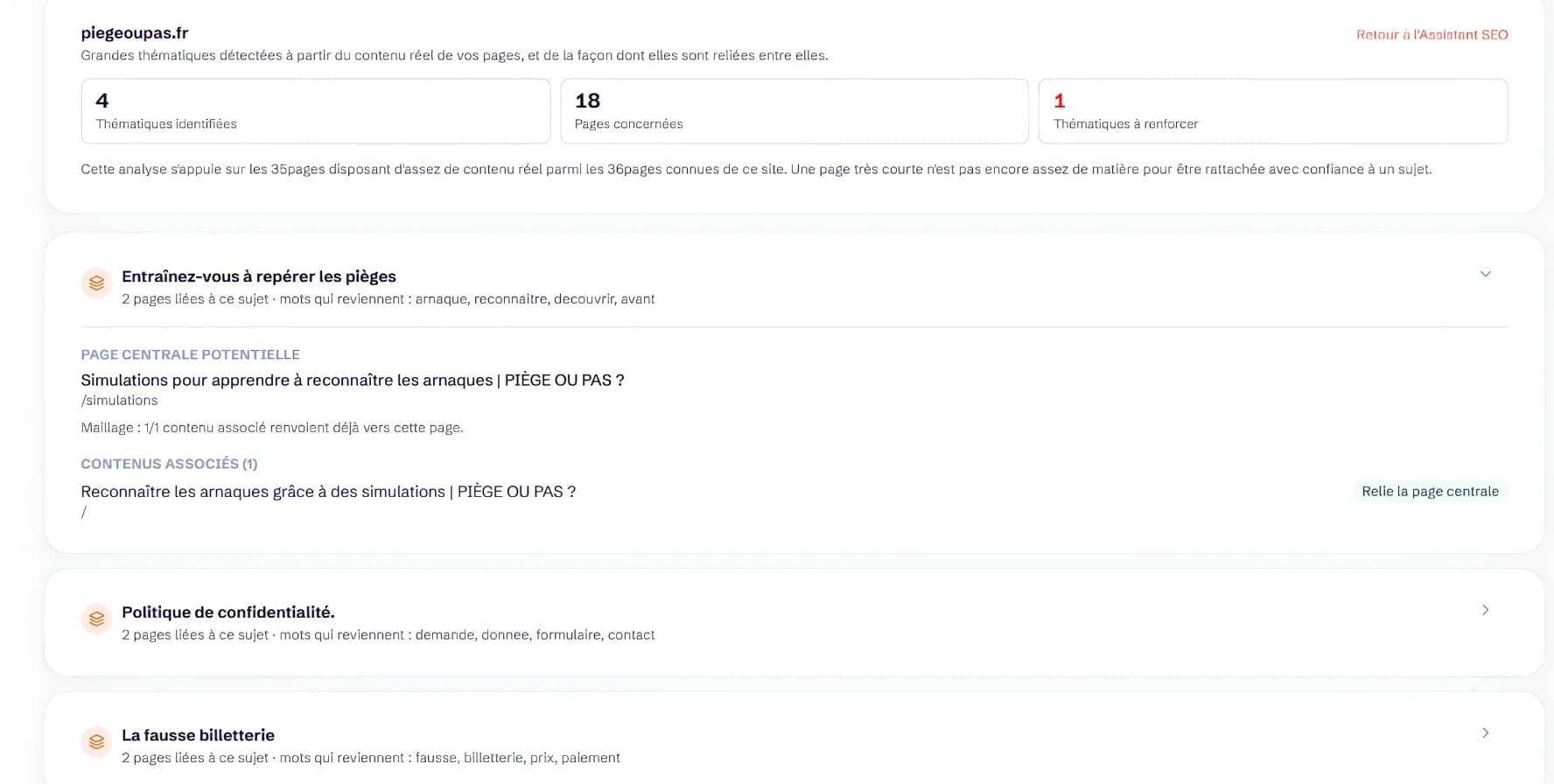 Vue de la structure thématique dans l’Assistant SEO : thématiques identifiées, page centrale potentielle et contenus associés à chaque sujet.