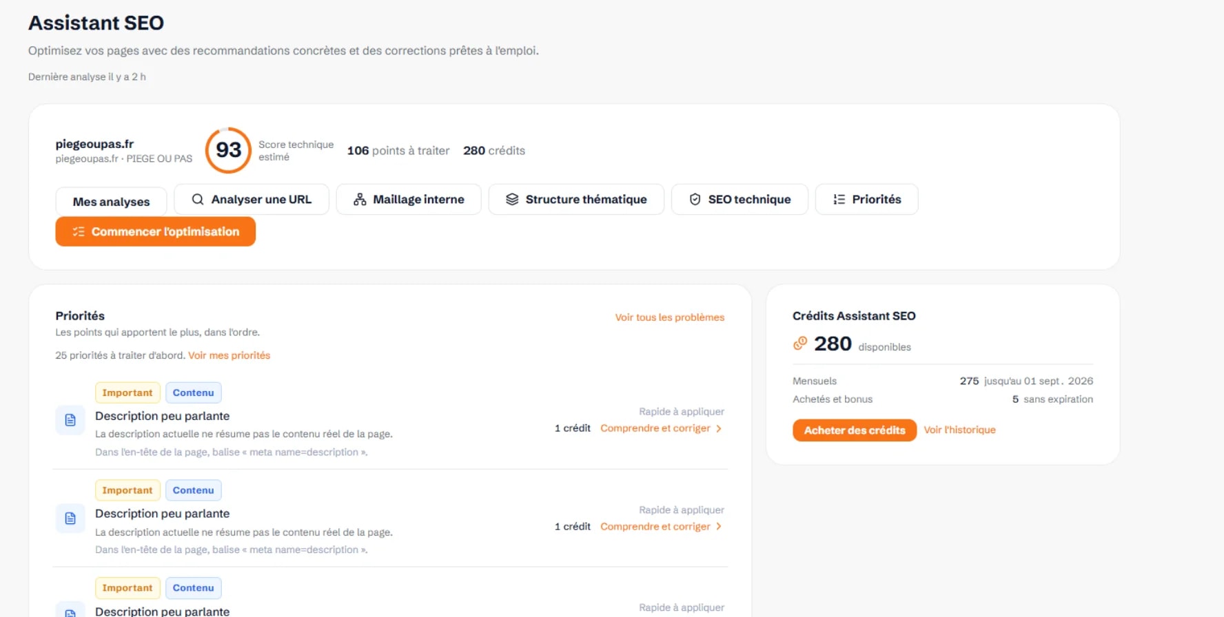 Assistant SEO Web-Shine : liste des problèmes détectés, priorités et état d'avancement des corrections.