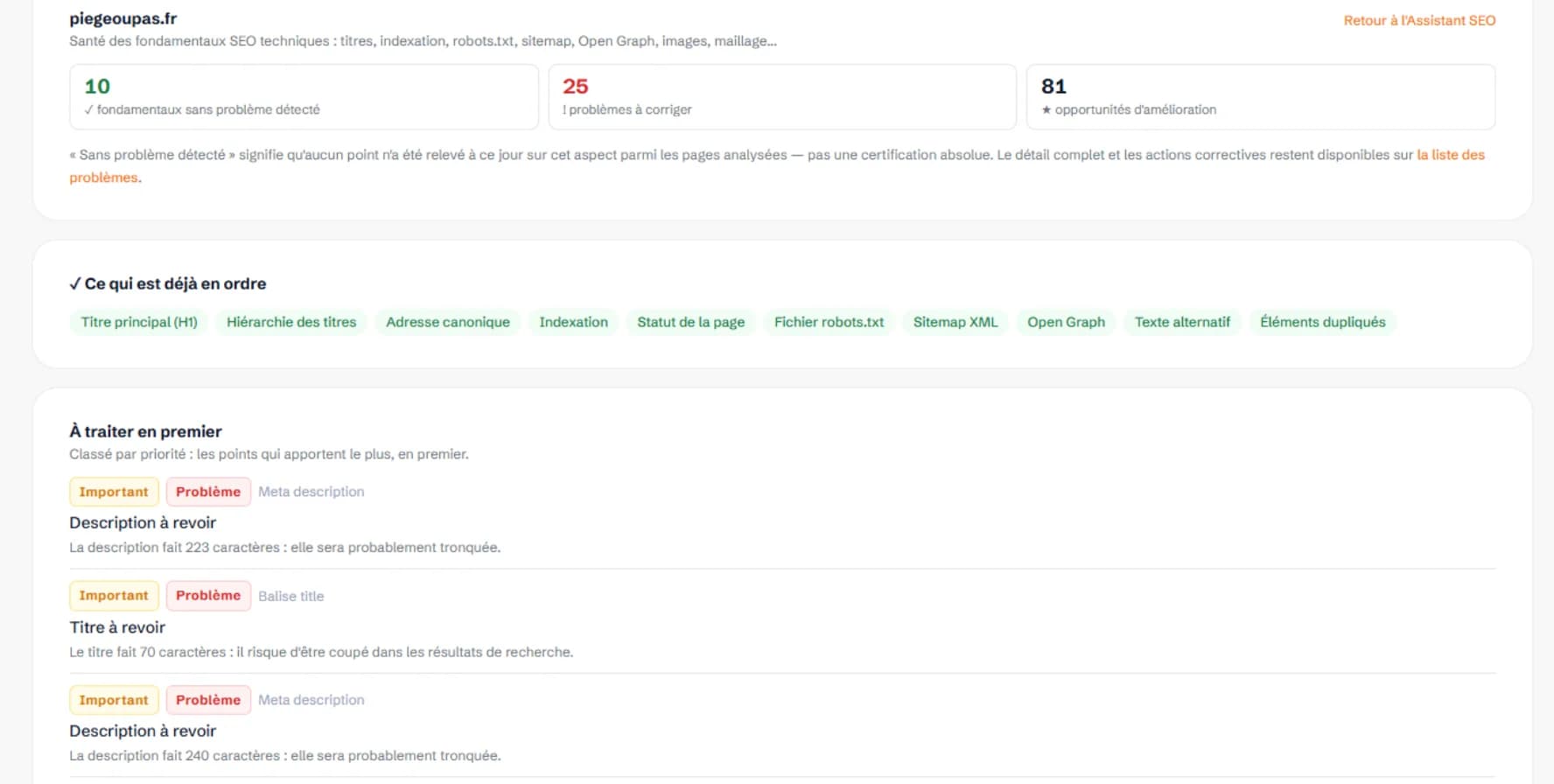 Analyse SEO technique d’un site dans Web-Shine Audit : fondamentaux en ordre, problèmes à corriger et opportunités classées par priorité.