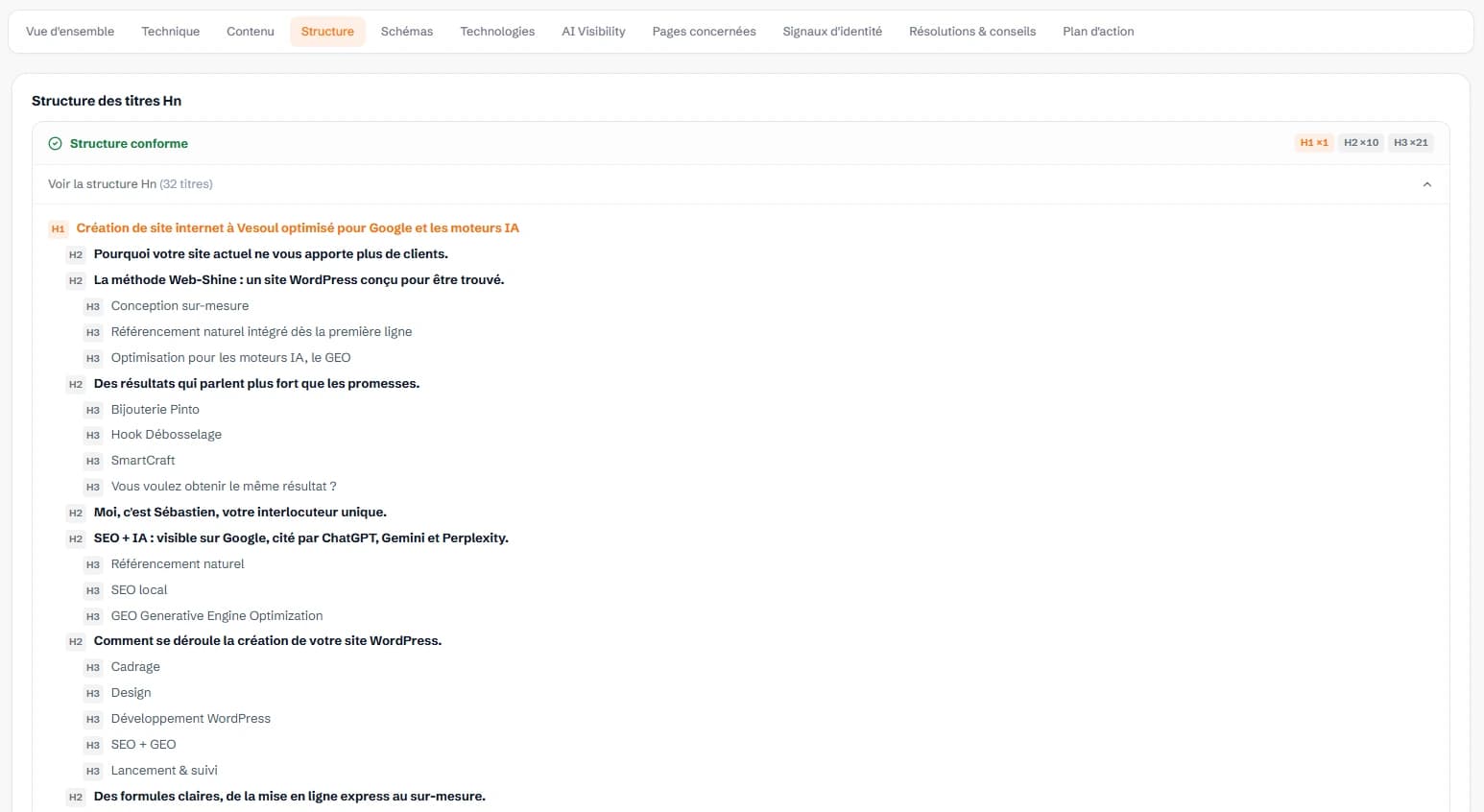 Rapport d’audit Web-Shine : structure des titres Hn d’un site, conformité et arborescence H1, H2, H3.