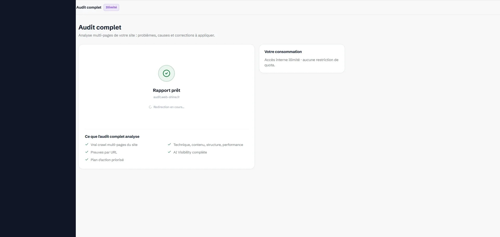 Analyse Web-Shine en cours : progression du parcours des pages du site.