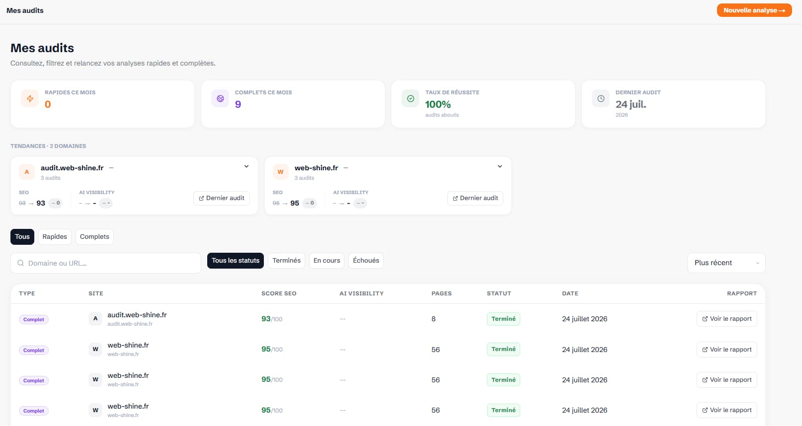 Historique des audits Web-Shine : suivi des analyses rapides et complètes par domaine, avec tendances de score.